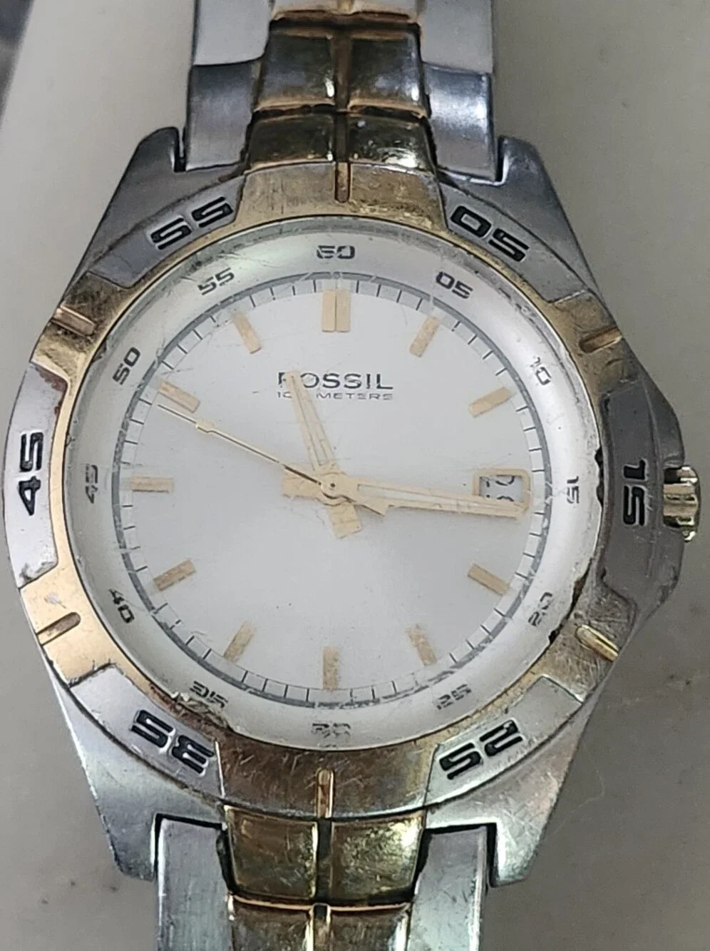 Vtg Fossil Blue Two-Tone Silver and Gold Quartz Watch with White Dial